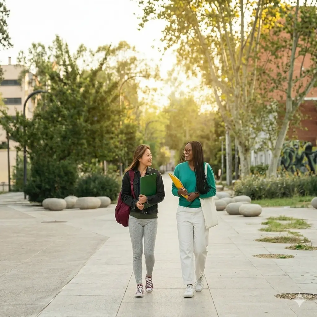 Two International Students Walking Outside While Holding Books