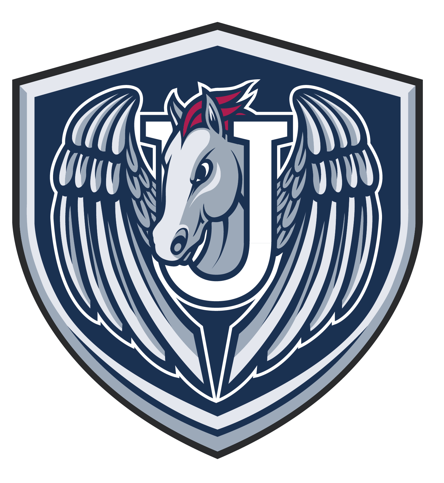 A school crest with a Pegasus as its symbol