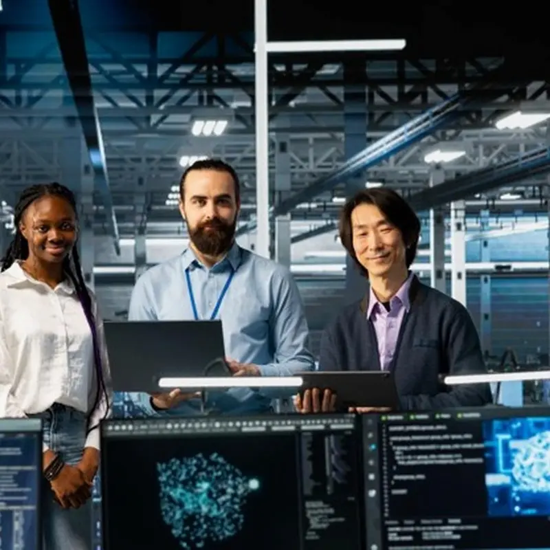 A team of computer scientists stand in an office behind several computers.