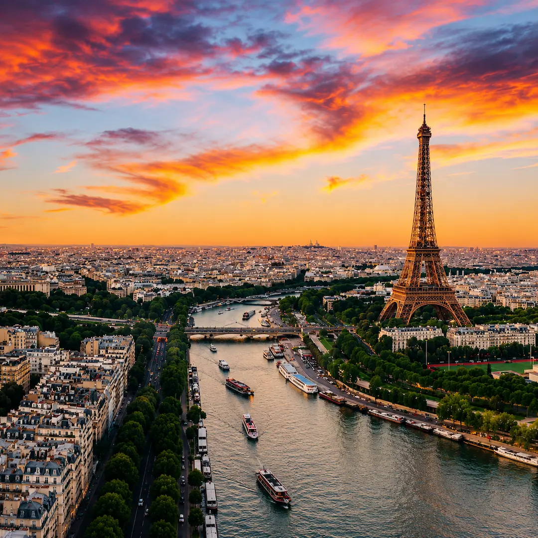 An aerial view of Paris and the Seine River in France