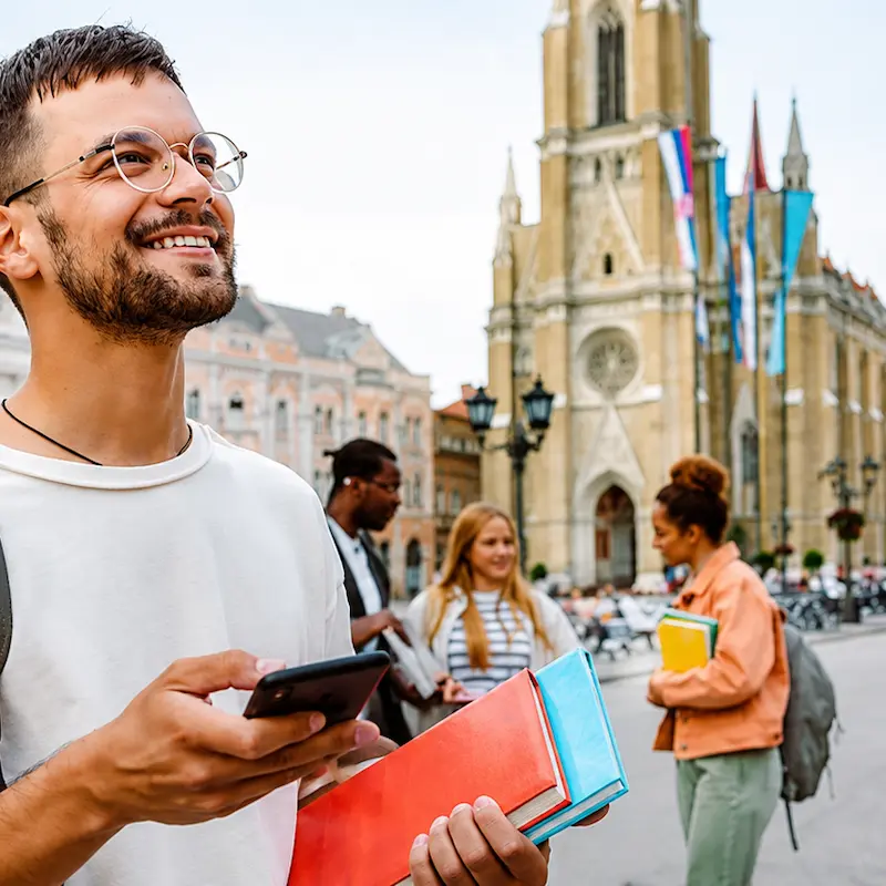 A study abroad student holds books and a smartphone while exploring a city