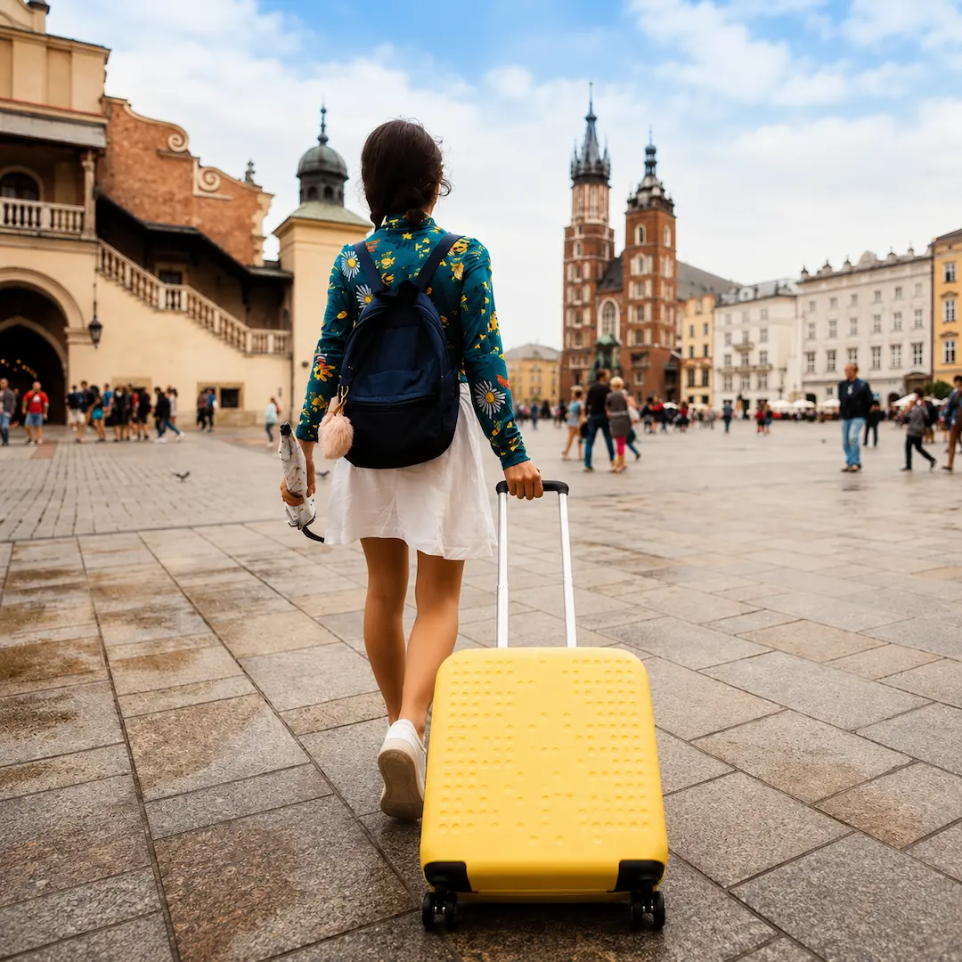A study abroad student wearing a backpack and pulling a suitcase walks through an international town square